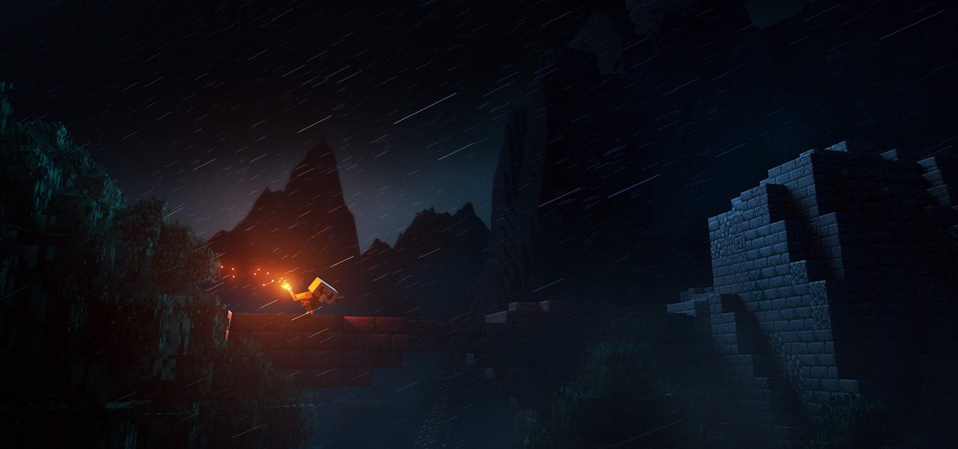 Arch Illager som kämpar mot vinden och regnet i bergen av Minecraft Dungeons
