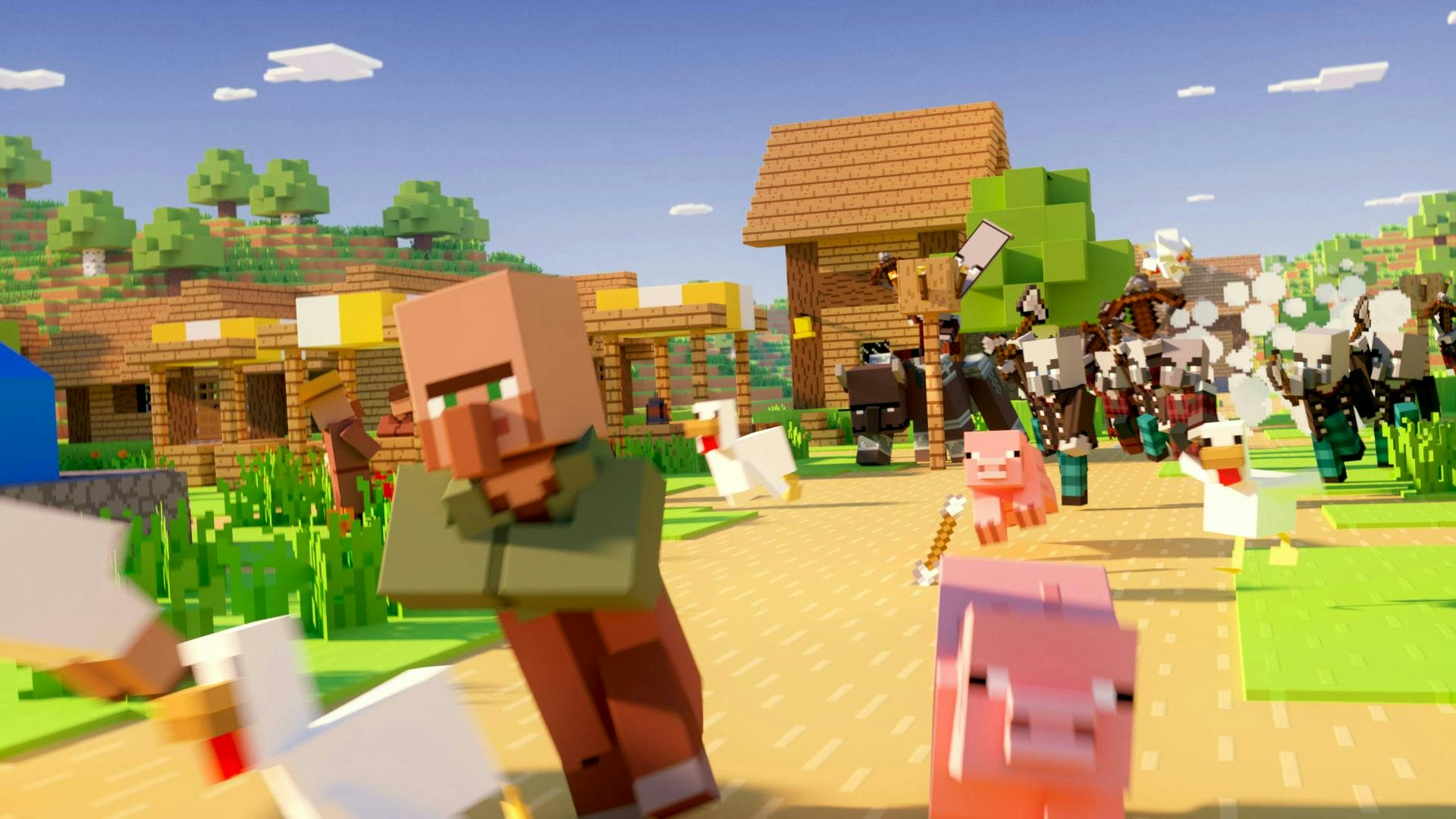 The town square being attacked by pillagers with axes. Villagers, pigs and chickens fleeing towards the camera.