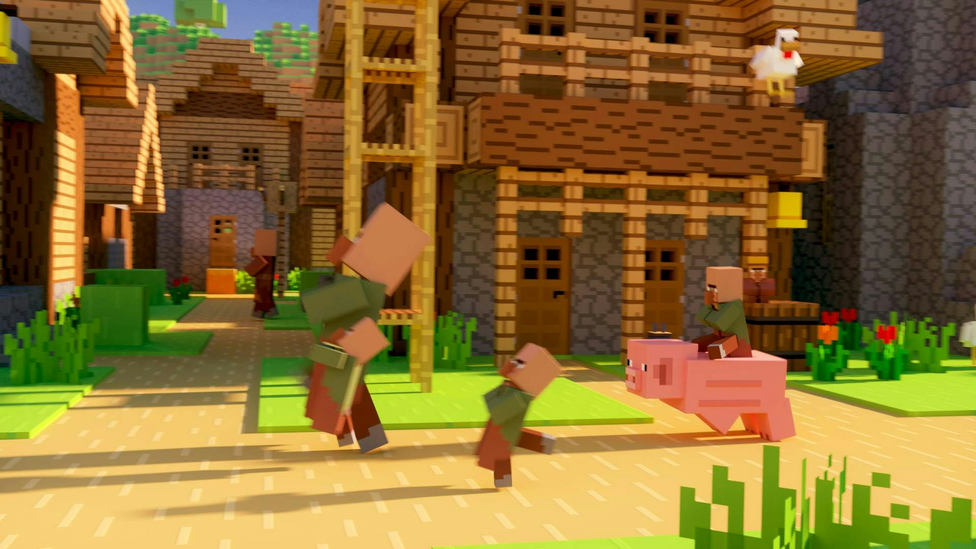 å baby villagers och en villager jagas av en baby villager som rider på en gris.