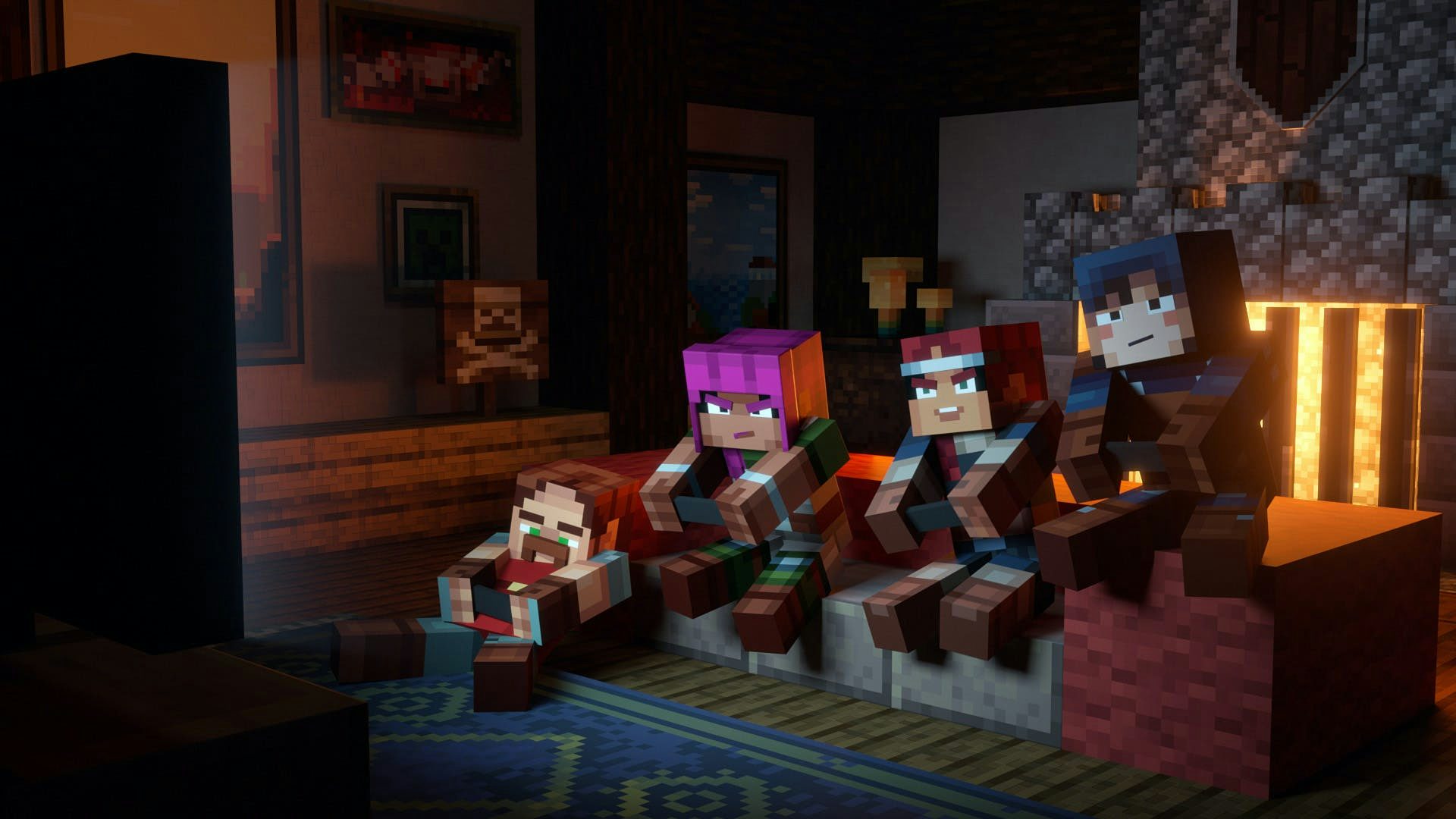 Adrien, Hal, Hex och Valorie är inne i en mysig stuga med en öppen spis i bakgrunden. De sitter i en soffa och spelar Minecraft Dungeons på en TV i förgrunden
