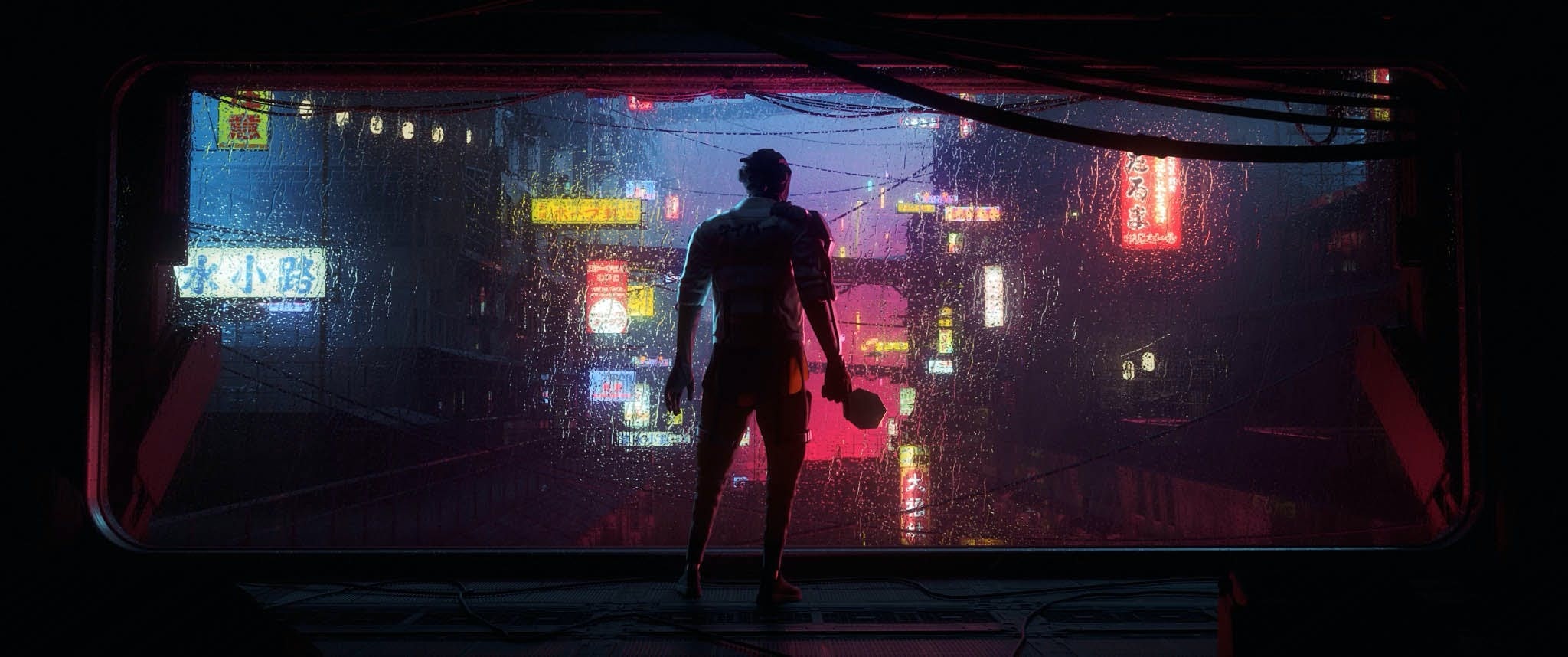 stiga cybershape character looking out over cyberpunk environment