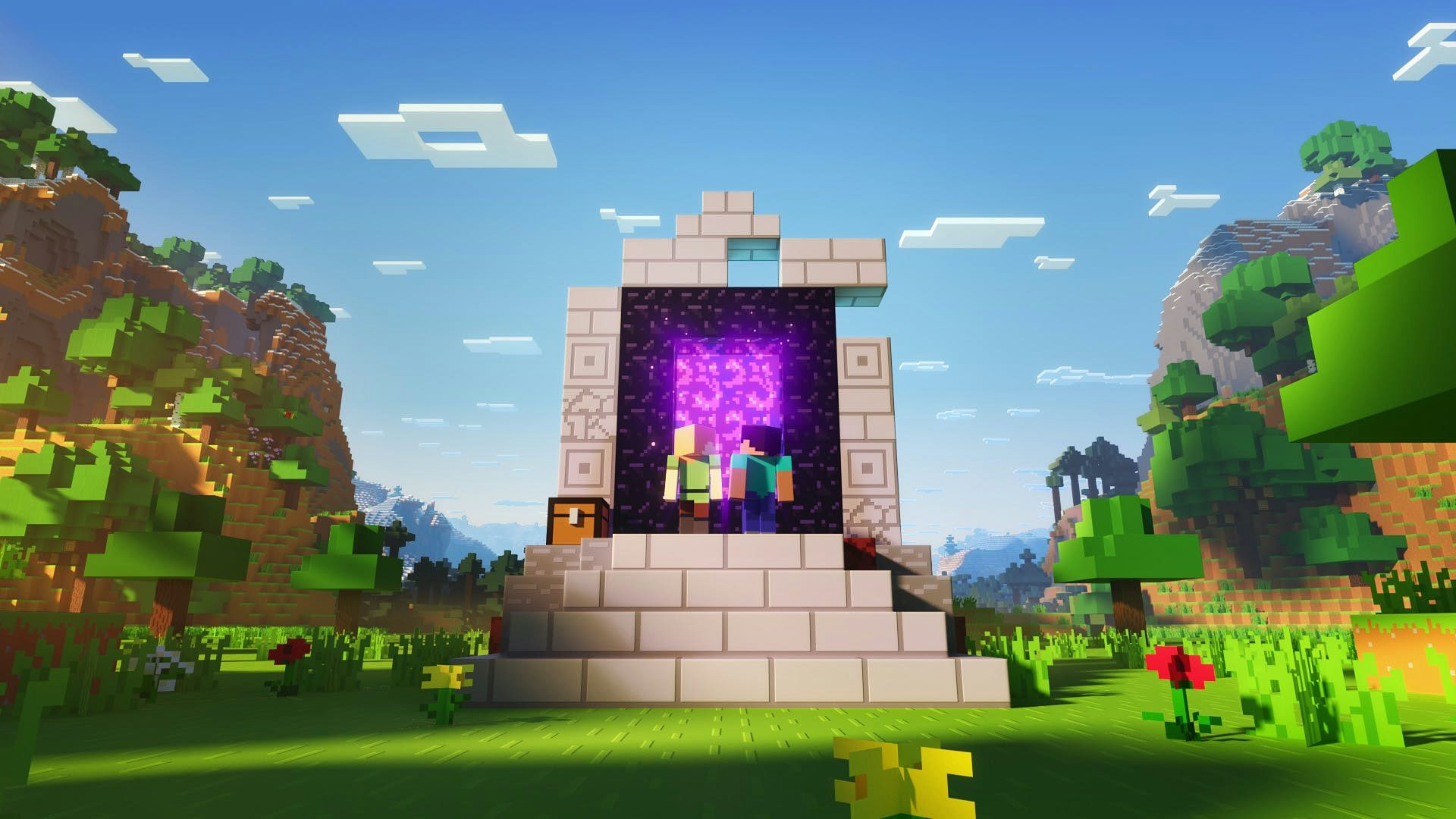 Steve och Alex håller på att hoppa in i Nether-portalen för Minecraft