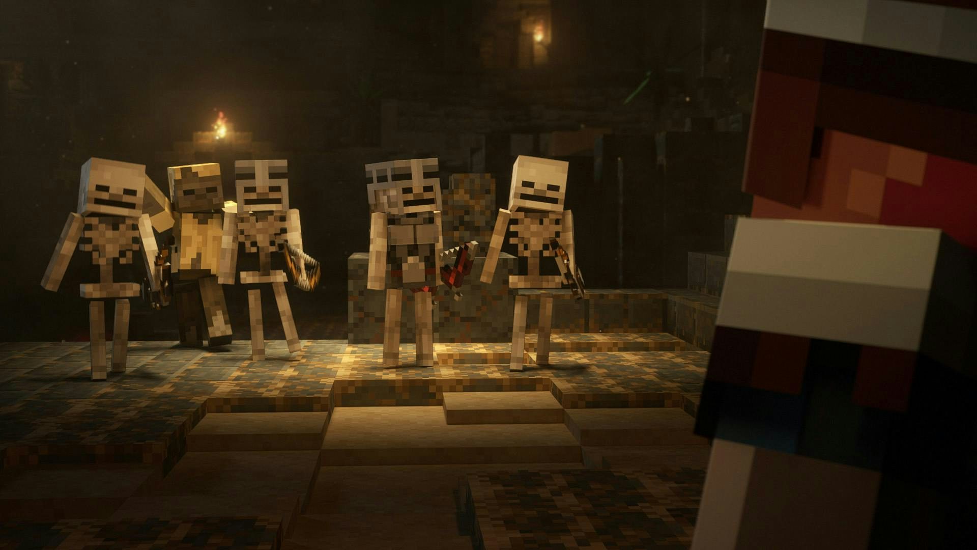 A group of skeletons and skeletons with armor walking towards valorie