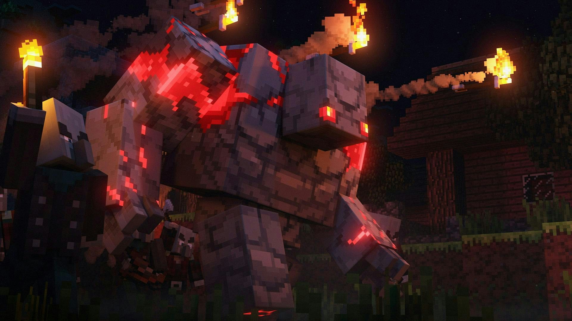 En Red stone golem som attackerar en by med Villagers.