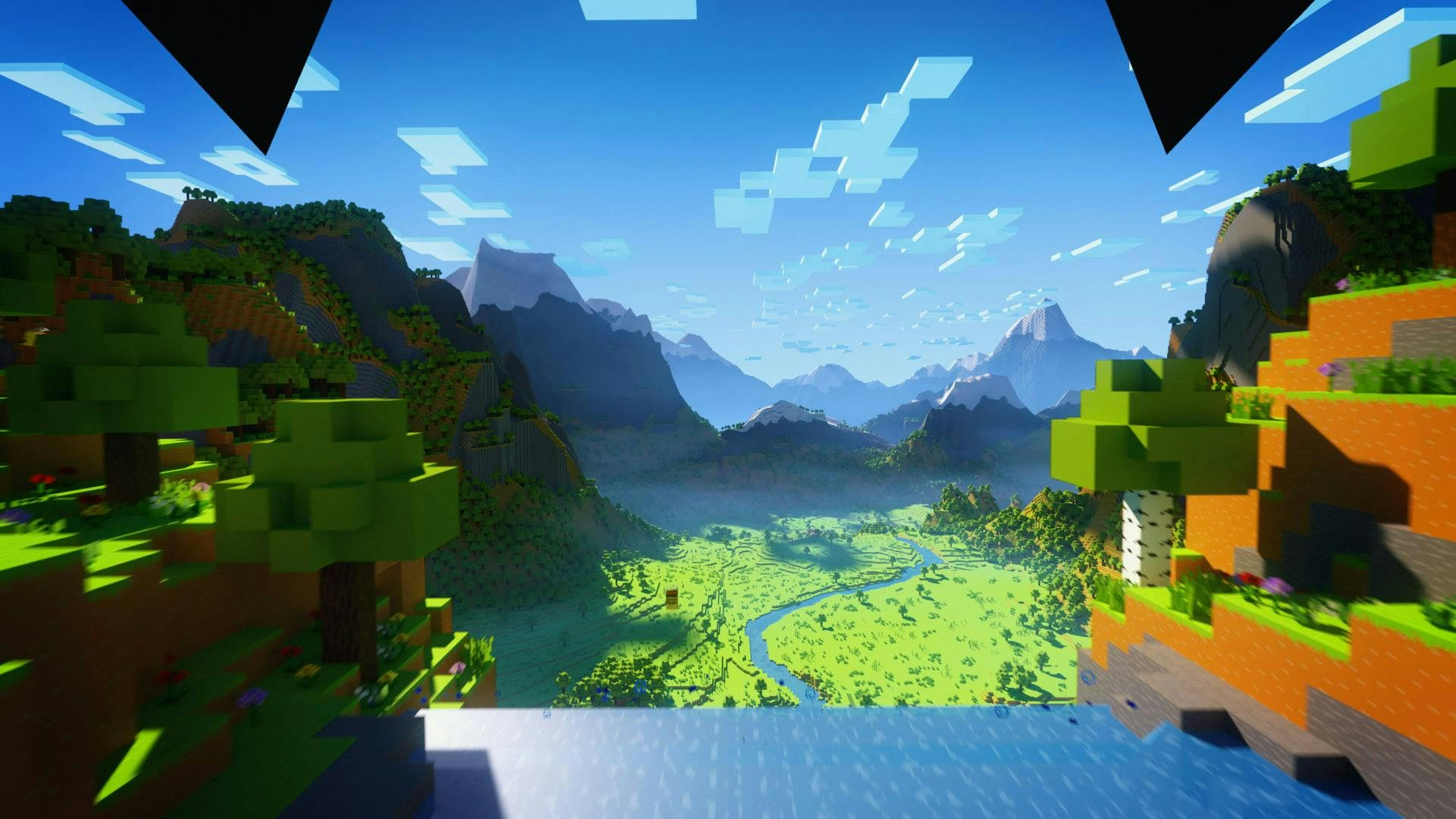Synvinkel från ett Minecraft - bi som flyger över ett grönt landskap omgiven av berg