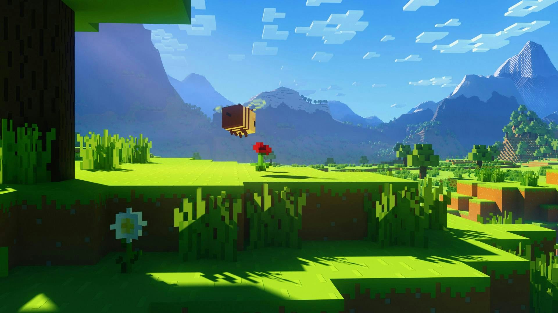 Minecraft bi som pollinerar en poppy flower i ett grönt landskap omgiven av berg.