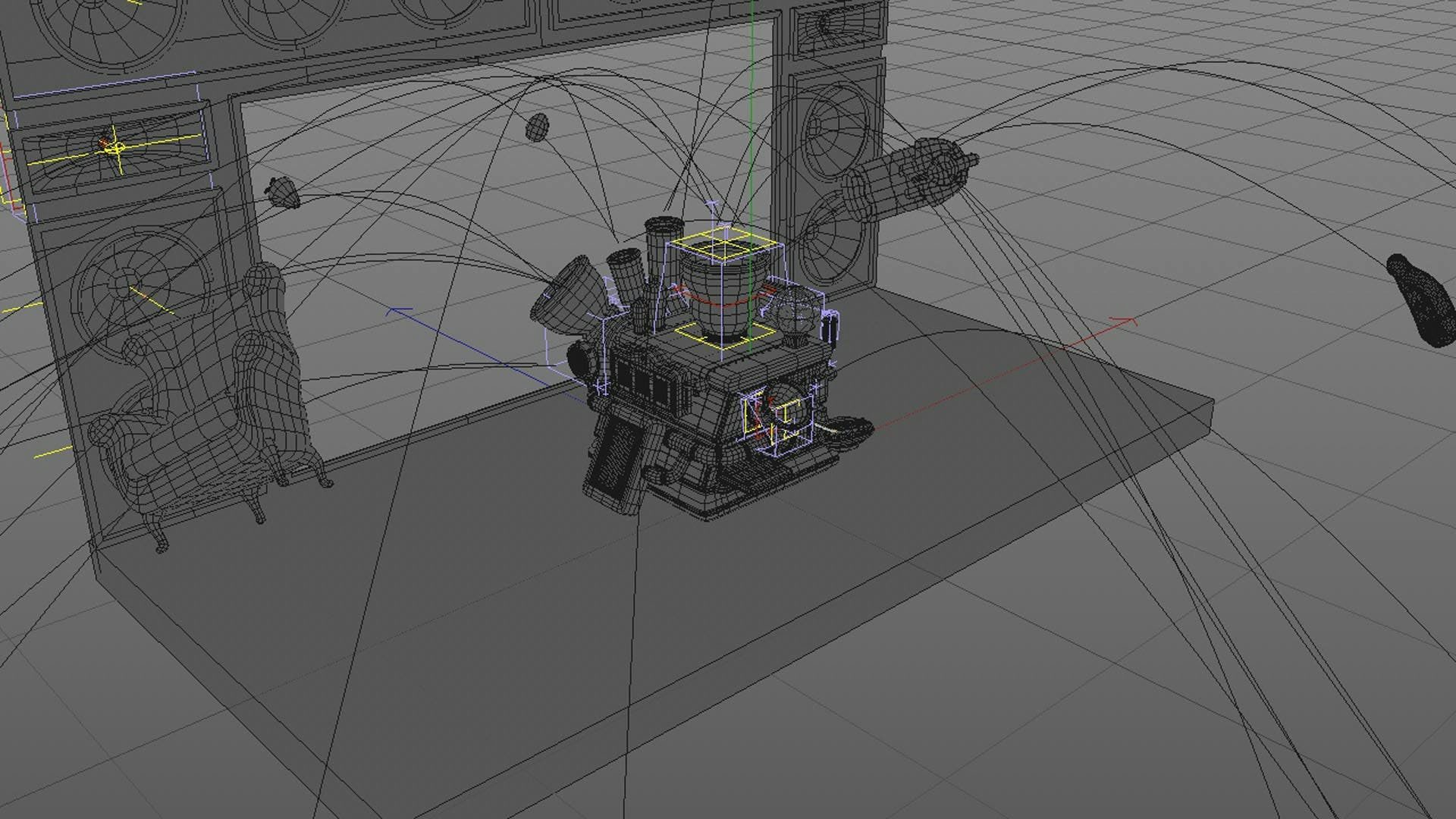 Skärmdump från Cinema 4D. Maskinen står mitt på scenen med 3D-banor som visar banan för de föremål som flyger.