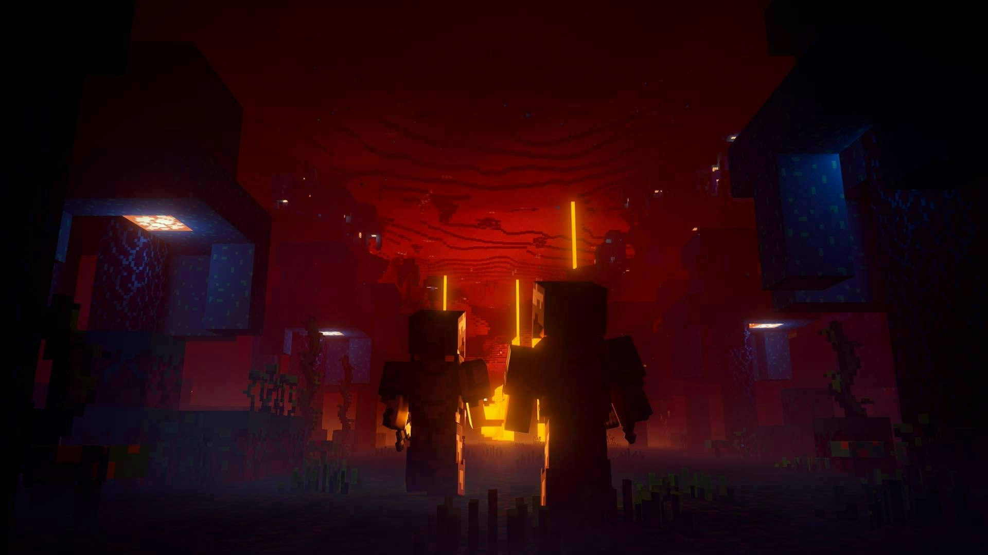 Steve and Alex are walking towards the lava in Nether
